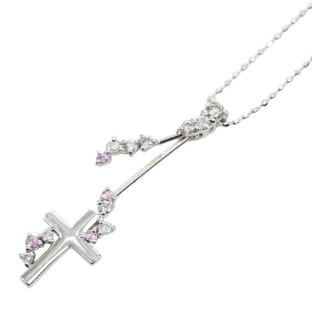 Unbranded Pink Sapphire Diamond Cross Motif 18K White Gold Necklace Silver